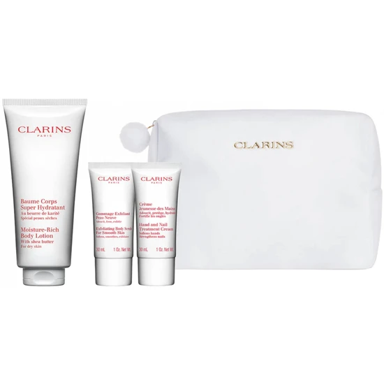 Clarins Body Care Set Rich Body Lotion 200ml + Hand and Nail Treatment Cream 30ml + Body Scrub 30ml