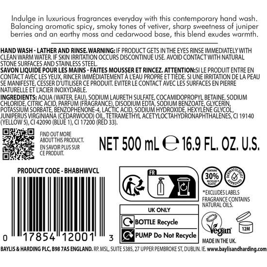 Baylis & Harding Vetiver Cedar & Lemongrass Luxury Hand Wash 500ml