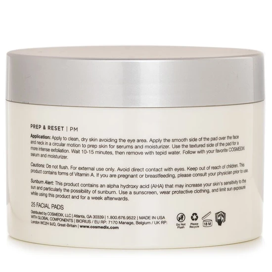 CosMedix Prep & Reset Dual Sided Lactic Acid Exfoliating Facial Pads 25 Pads