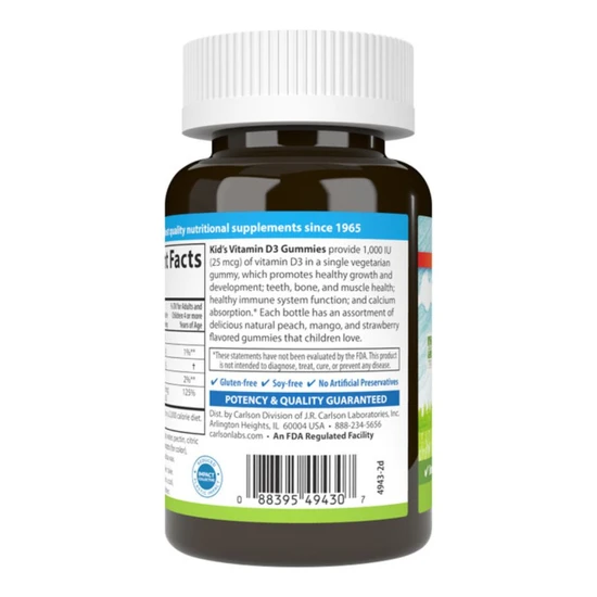 Carlson Labs Kid's Vitamin D3 1000iu Natural Fruit Gummies 60 Gummies
