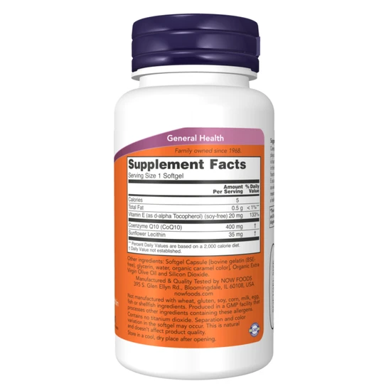 NOW Foods CoQ10 With Vitamin E & Sunflower Lecithin 400mg Softgels 30 Softgels