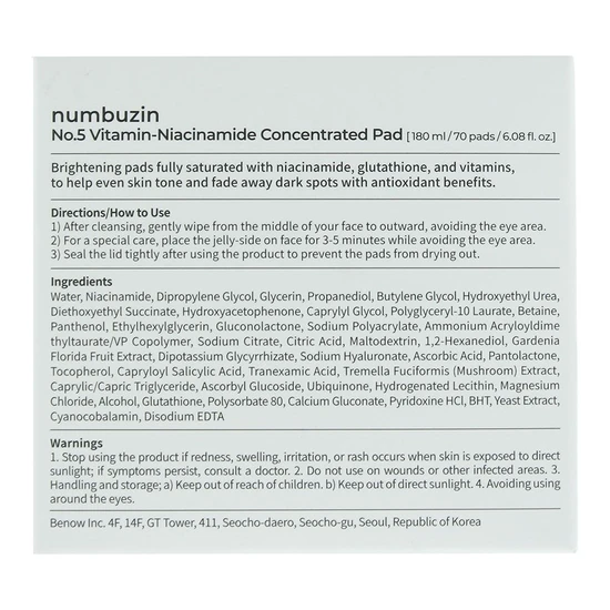 Numbuzin No.5 Vitamin-Niacinamide Concentrated Pads 70 Pads