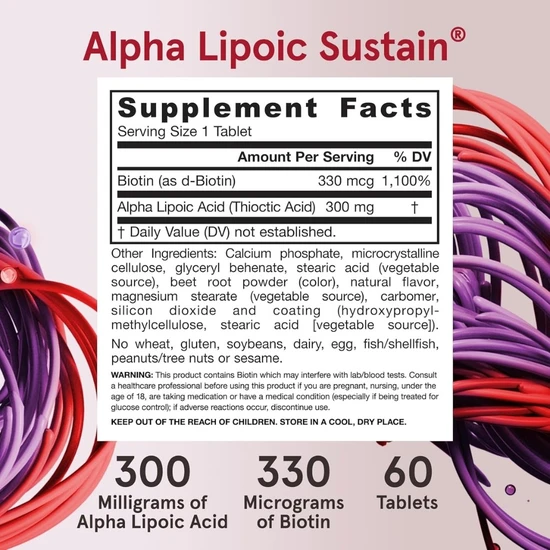 Jarrow Formulas Alpha Lipoic Sustain 300mg With Biotin Tablets 60 Tablets
