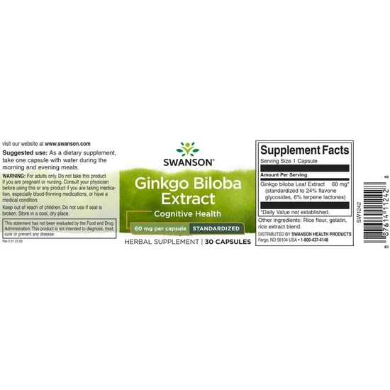 Swanson Ginkgo Biloba Extract 60mg Capsules 30 Capsules