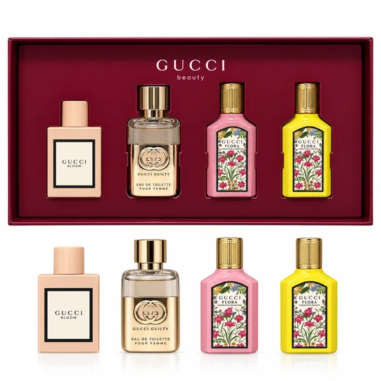 Gucci Miniature Perfume Gift Set 5ml Bloom Eau De Parfum, 5ml Guilty Pour Femme Eau De Toilette, 5ml Flora Gorgeous Gardenia Eau De Parfum & 5ml Flora Gorgeous Orchid Eau De Parfum