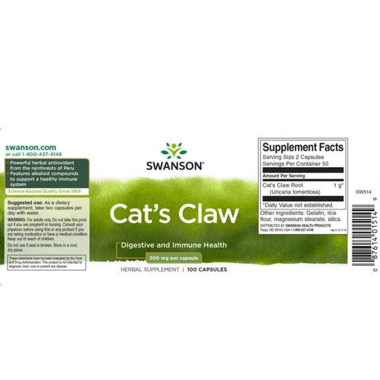 Swanson Cat's Claw 500mg Capsules 100 Capsules
