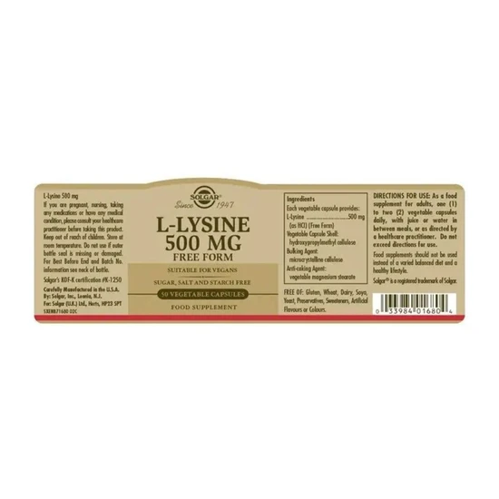 Solgar L-Lysine 500mg Vegicaps 50 Vegicaps