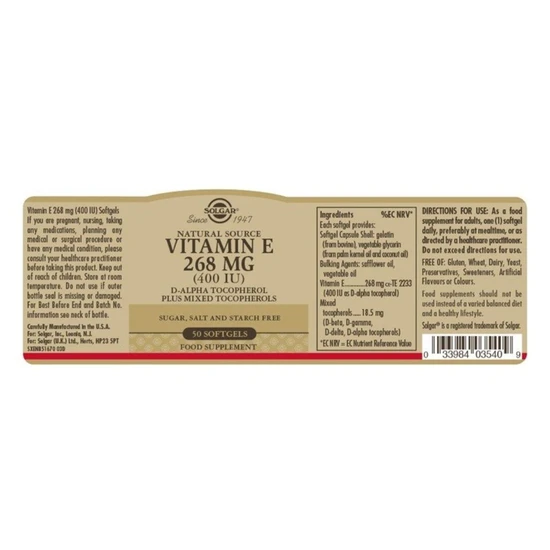 Solgar Vitamin E 268mg 400iu Mixed Softgels 50 Softgels