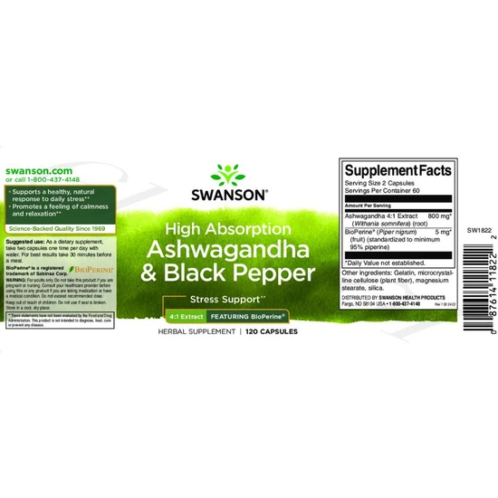 Swanson High Absorption Ashwagandha & Black Pepper Capsules 120 Capsules