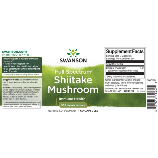 Swanson Full Spectrum Shiitake Mushroom 500mg Capsules 60 Capsules