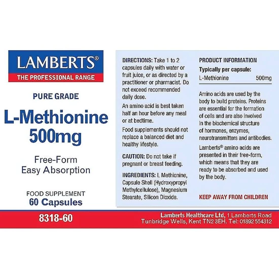 Lamberts L-Methionine 500mg Capsules 60 Capsules