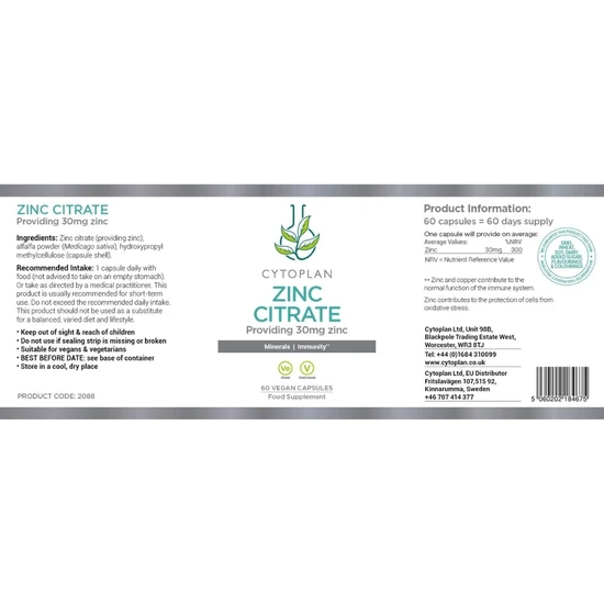 Cytoplan Zinc Citrate 30mg Zinc Capsules 60 Capsules