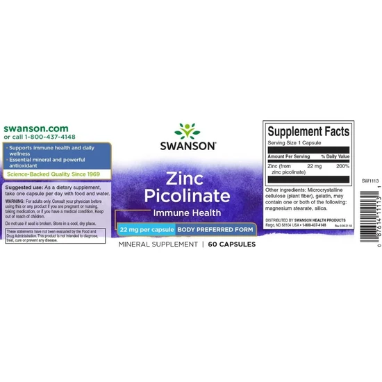Swanson Zinc Picolinate 22mg Capsules 60 Capsules