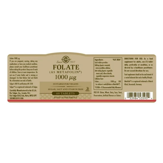 Solgar Folate 1000ug Tablets 60 Tablets