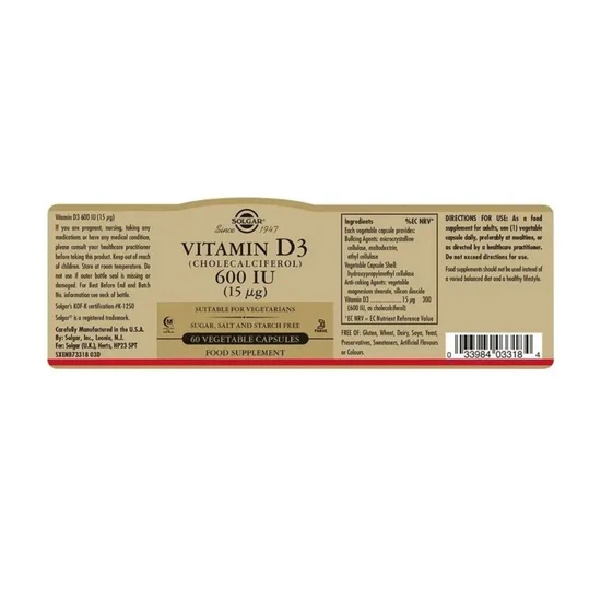 Solgar Vitamin D3 15ug 600iu Vegicaps 60 Vegicaps