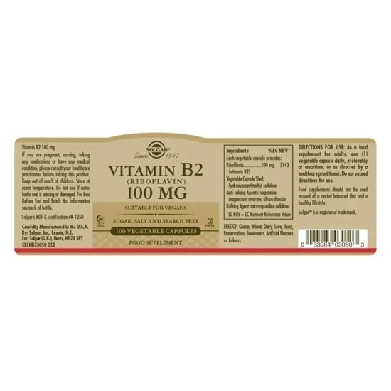 Solgar Vitamin B2 100mg Vegicaps 100 Vegicaps