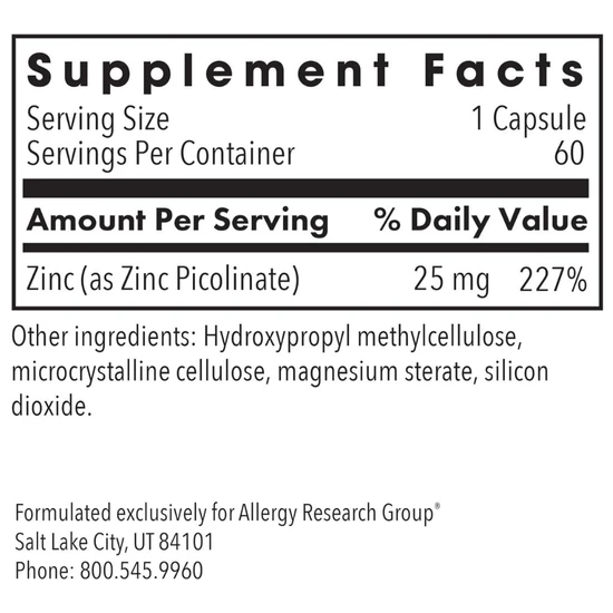 Allergy Research Group Zinc Picolinate 25mg 60 Capsules