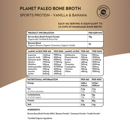 Planet Paleo Organic Bone Broth Sports Protein Vanilla & Banana 240g