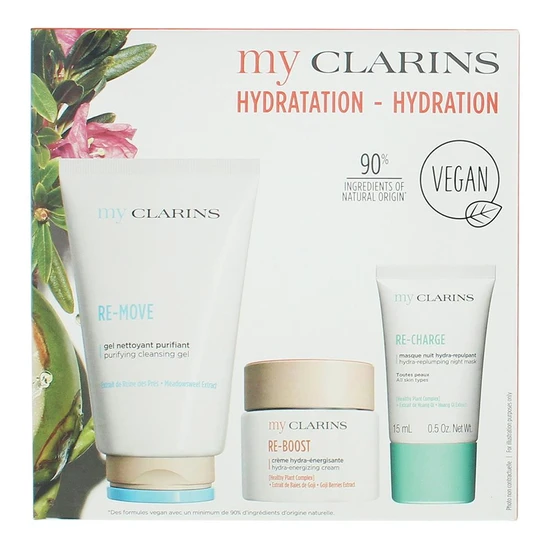 Clarins Hydration Gift Set 125ml Cleansing Gel, 50ml Energising Face Cream & 15ml Replumping Night Mask