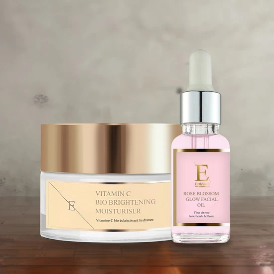 Erth Skin London Rose Blossom Glow Facial Oil + Vitamin C Bio Brightening Moisturiser 30ml + 50ml