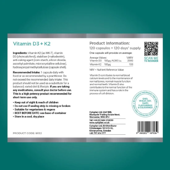Cytoplan Vitamin D3 & K2 Capsules 120 Capsules