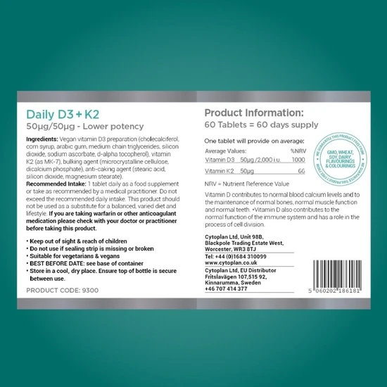 Cytoplan Daily D3 + K2 50ug/50ug Tablets 60 Tablets