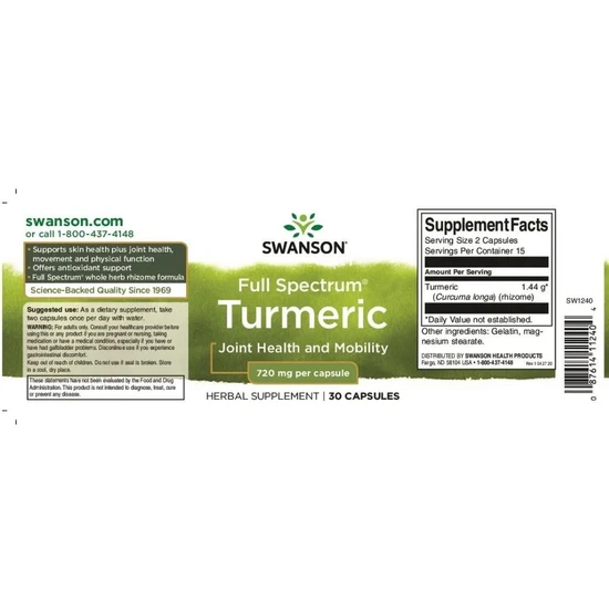 Swanson Full Spectrum Turmeric 720mg Capsules 30 Capsules