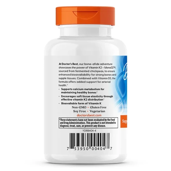 Doctor's Best Natural Vitamin K2 MK7 With MenaQ7 Plus D3 180mcg 60 Capsules