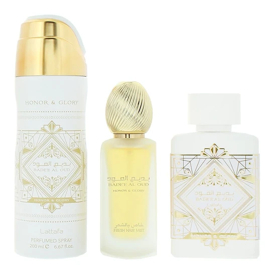 Lattafa Bade'e Al Oud Honor & Glory Gift Set 100ml EDP, 200ml Scented Body Spray & 50ml Scented Hair Spray