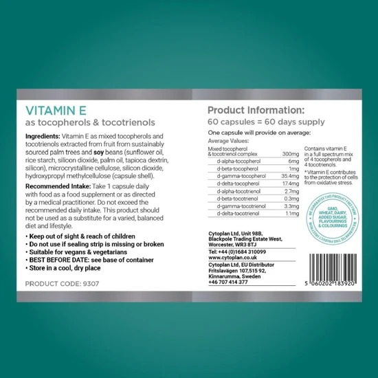 Cytoplan Vitamin E As Tocopherols & Tocotrienols 60 Capsules
