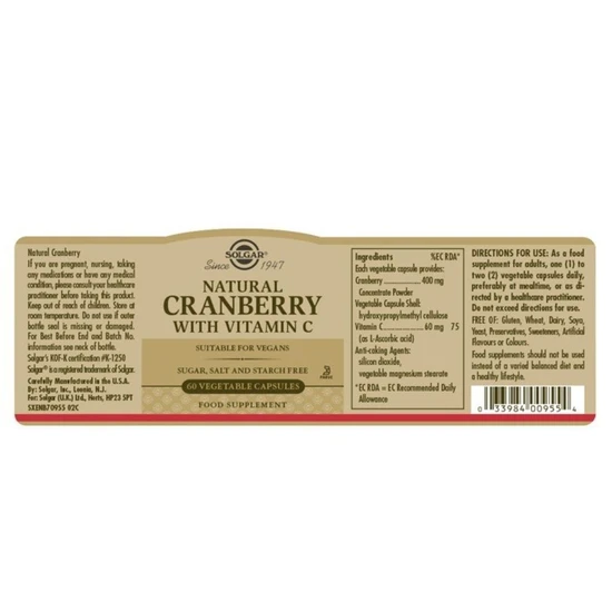 Solgar Natural Cranberry With Vitamin C Vegicaps 60 Vegicaps