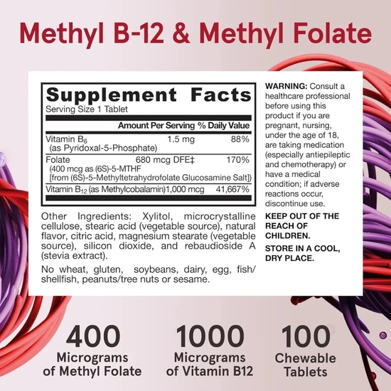 Jarrow Formulas Methyl B12 & Methyl Folate 400mcg Lemon Lozenges 100 Lozenges