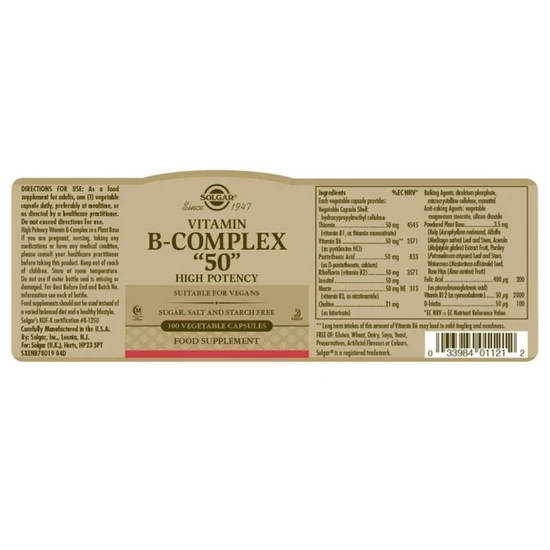 Solgar Formula Vitamin B-Complex "50" Vegicaps 100 Vegicaps
