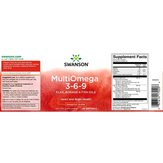 Swanson MultiOmega 3-6-9 Flax & Borage & Fish Oils Softgels 120
