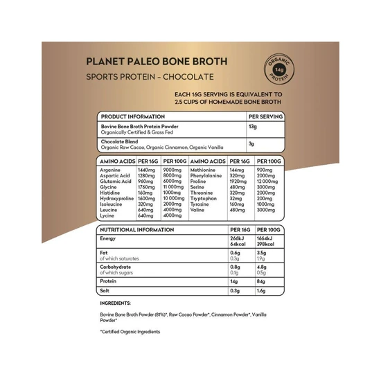 Planet Paleo Organic Bone Broth Sports Protein Chocolate 240g