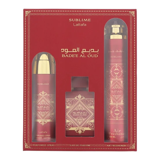 Lattafa Bade'e Al Oud Sublime Eau De Parfum 100ml Gift Set 100ml, 300ml Air Freshener & 200ml Perfumed Body Spray