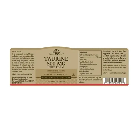 Solgar Taurine 500mg Vegicaps 50 Vegicaps