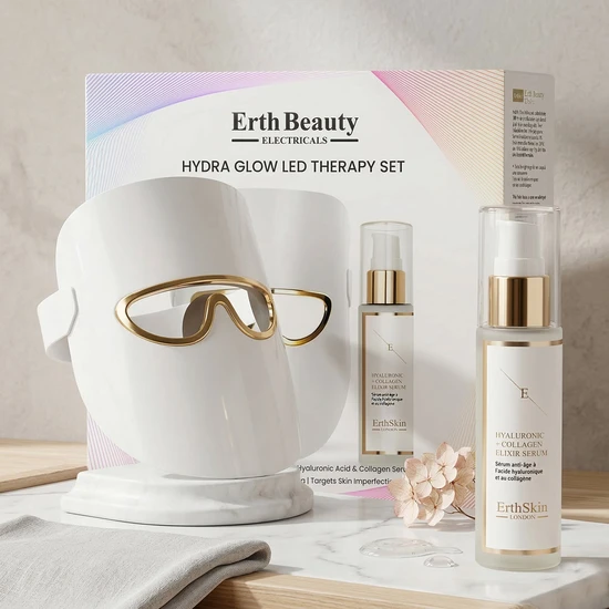 Erth Skin London Hydra Glow LED Therapy Set LED Light Therapy Mask White with HA Serum
