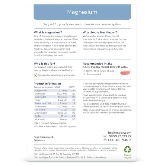 Healthspan 375mg Magnesium Tablets 90 Tablets