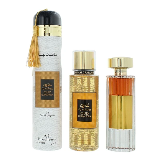 Ard Al Zaafaran Oud Romancea Eau De Parfum 100ml, Perfume Mist 250ml + Air Freshener 300ml Gift Set 100ml