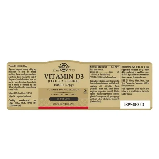 Solgar Vitamin D3 Cholecalciferol 1000 IU 25mcg x90