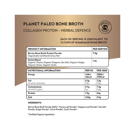 Planet Paleo Organic Bone Broth Collagen Protein Herbal Defence 225g