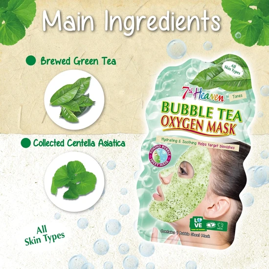 Montagne Jeunesse Bubble Tea Oxygen Mask Infused with Green Tea and Centella Asiatica to Hydrate, Soothe and Help Target Blemishes