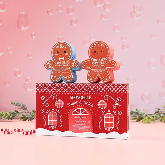 Spongelle Sugar & Spice Body Wash Infused Buffers Gift Set Gingerbread & Candy Cane