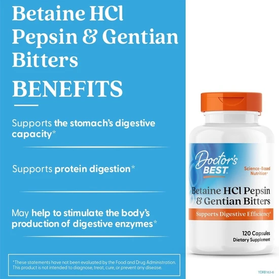 Doctor's Best Betaine HCl Pepsin & Gentian Bitters Caps 120 Capsules
