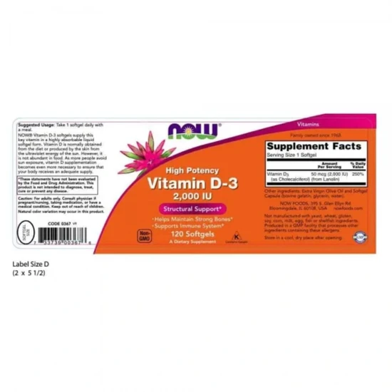 NOW Foods Vitamin D-3 2000iu 120 Softgels