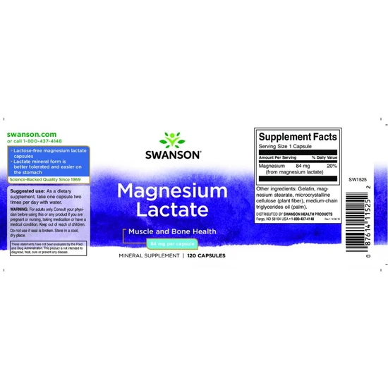 Swanson Magnesium Lactate Capsules 84mg x 120