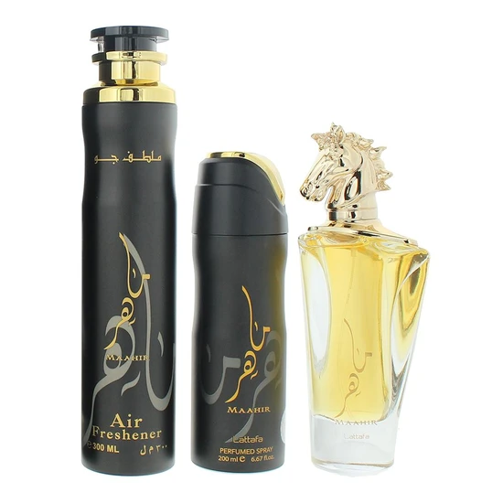 Lattafa Maahir Gift Set 100ml EDP + 200ml Perfumed Body Spray + 300ml Air Freshener