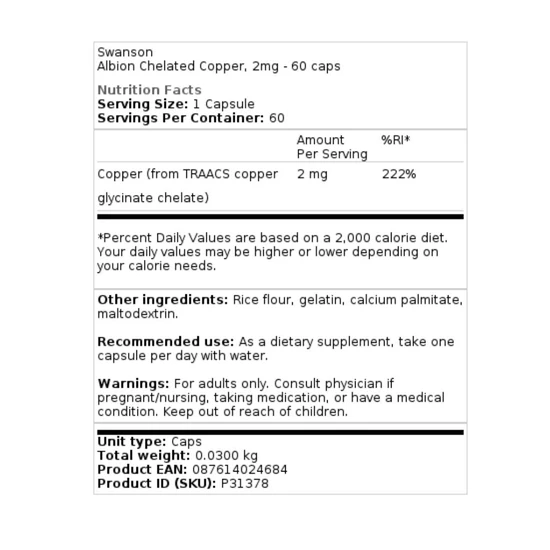 Swanson Albion Copper 2mg Capsules 60 Capsules