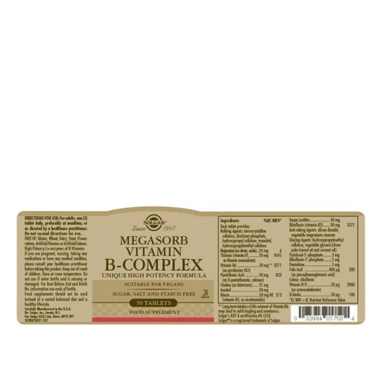 Solgar Megasorb Vitamin B-Complex Tablets 50 Tablets